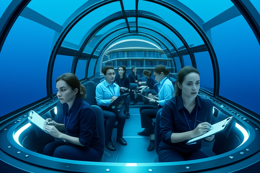 a group of professional home inspectors in a submarine