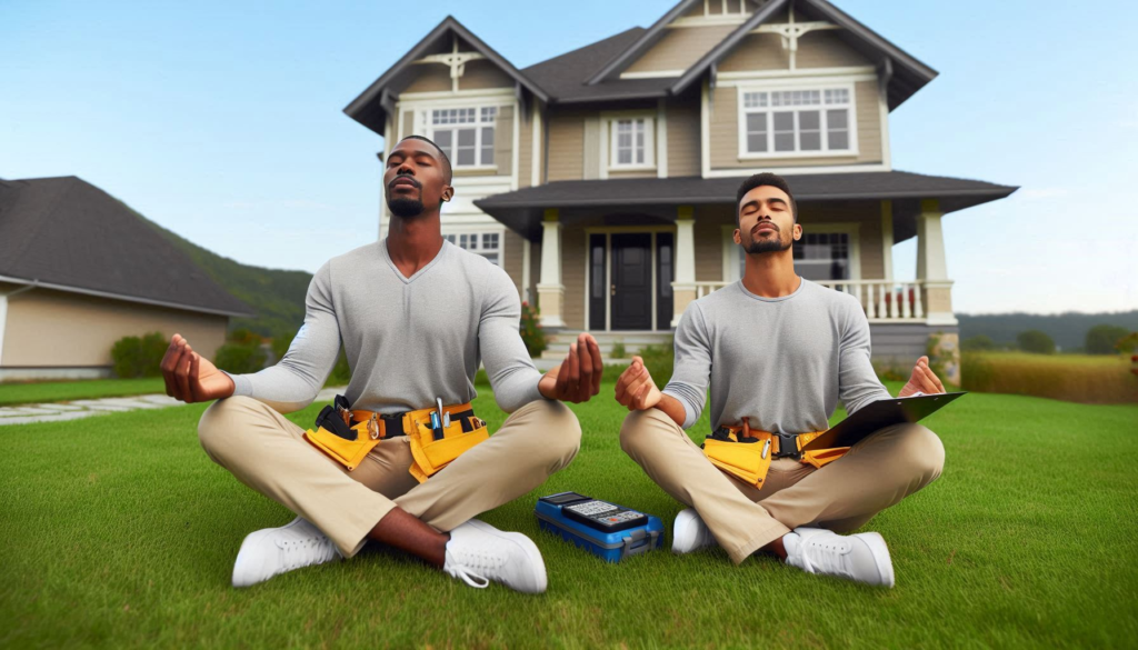 professional home inspectors working hard to remain calm while helping his clients