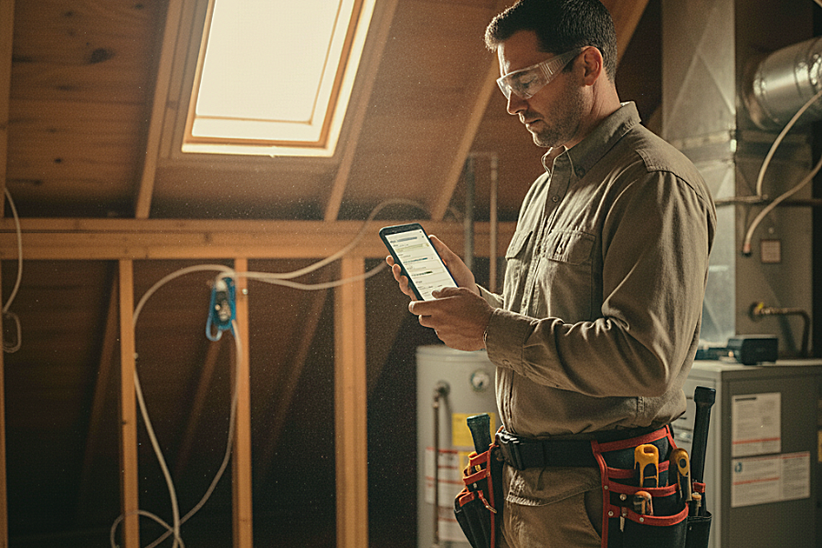 home inspector writing a report in an attic