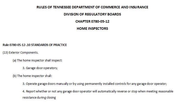 Tennessee home inspection standards of practice for licensed home inspectors